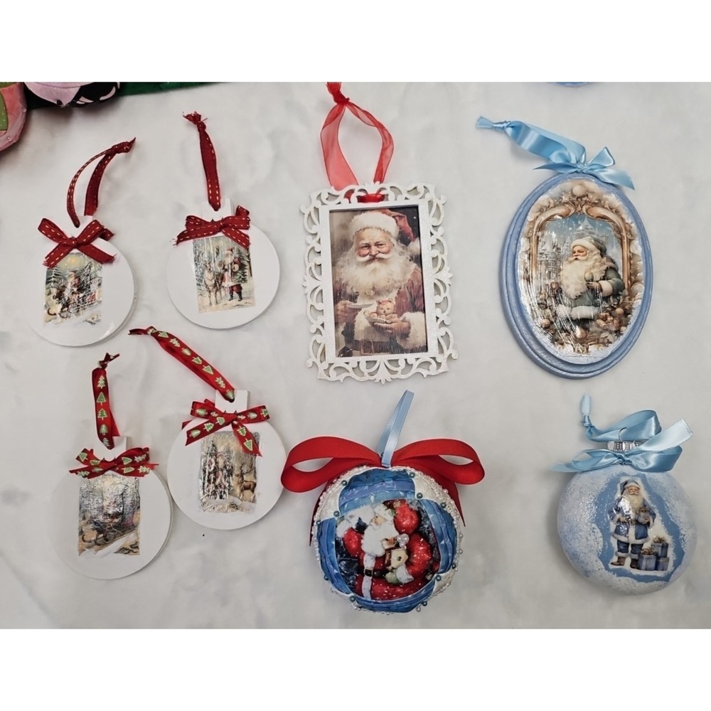 7 Handmade Decoupage and 1 Quilted Santa Claus/Snowman Christmas ornaments